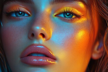 Close-up portrait of a young woman showcasing vibrant eye makeup and radiant skin lit by colorful lighting effects