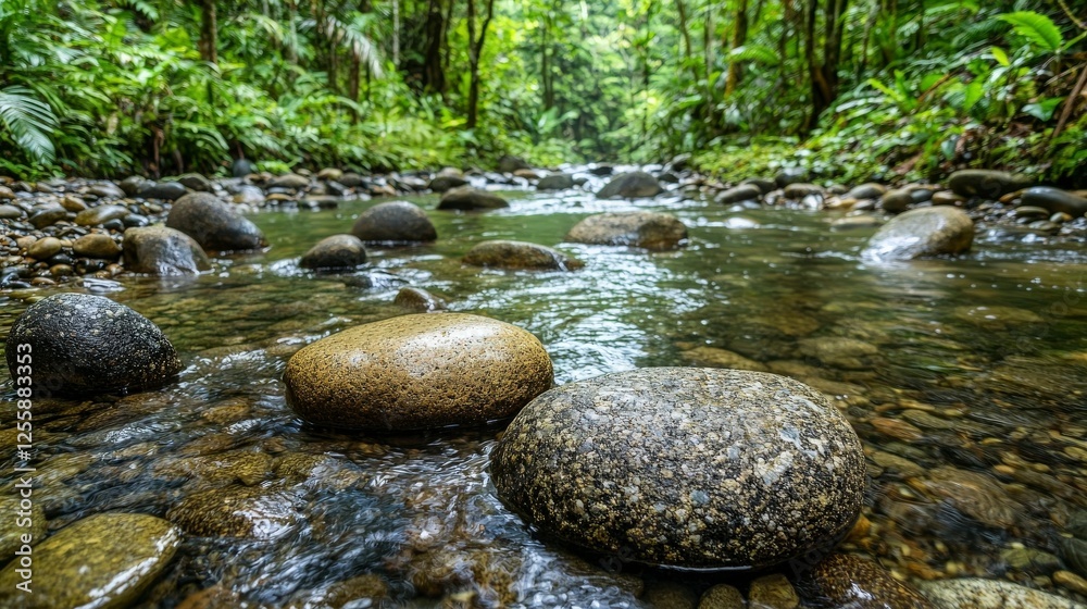 Poster close-up of a tranquil stream and smooth stones in a lush forest a serene nature photography scene