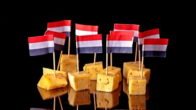 Typical dutch food: Cumin cheese and litle flags with the colors of the dutch flag in the Netherlands
