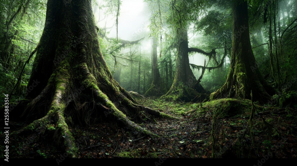 Poster Ancient forest exploration a journey through towering trees nature lush environment mystical perspective