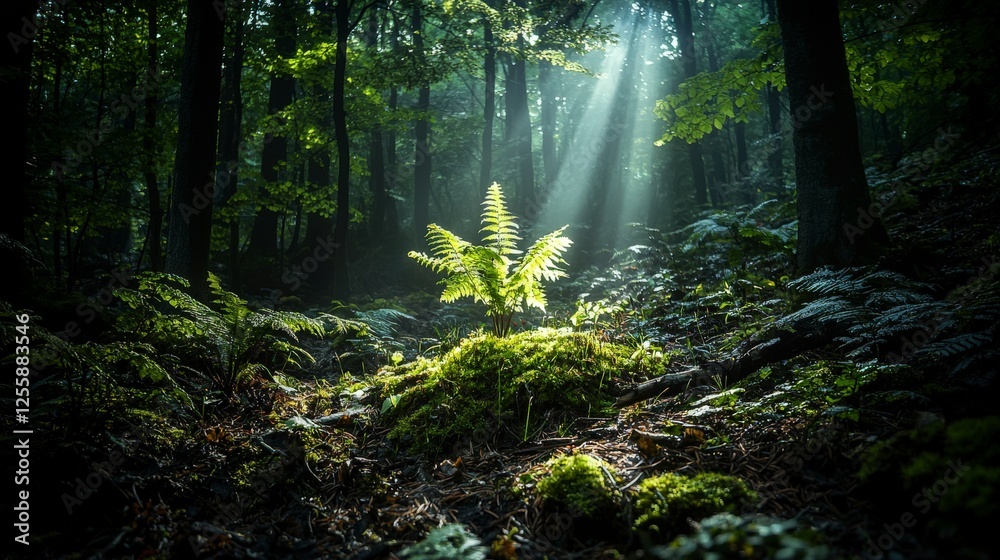Poster beam of light illuminates fern in dense forest nature scene tranquil environment close-up viewpoint