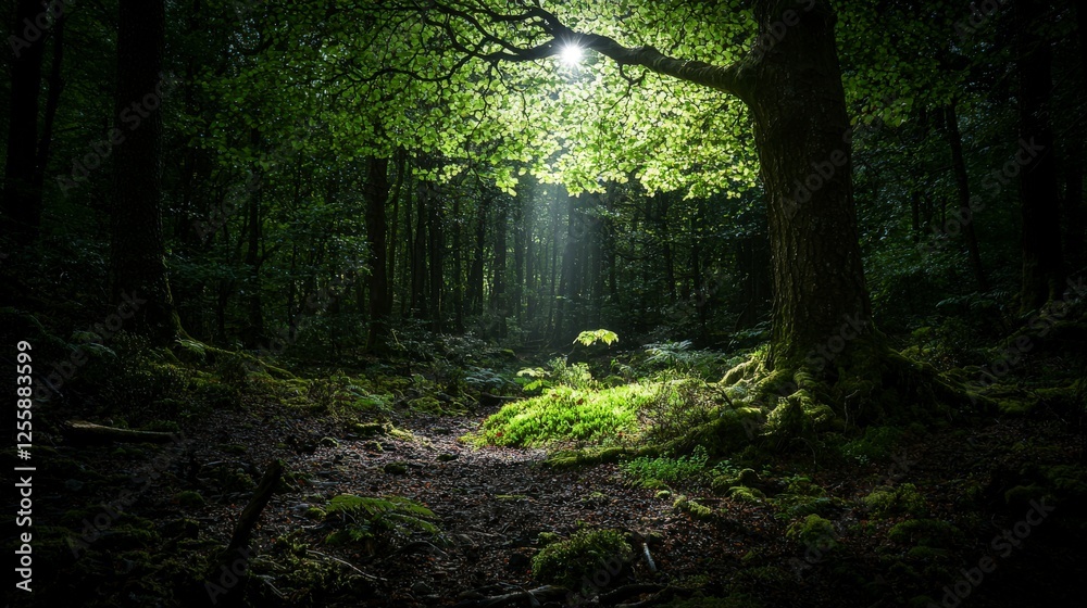 Poster Mysterious shadows in a dense forest enchanting scene nature tranquil environment serene viewpoint