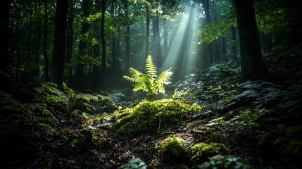 Beam of light illuminates fern in dense forest nature scene tranquil environment close-up viewpoint