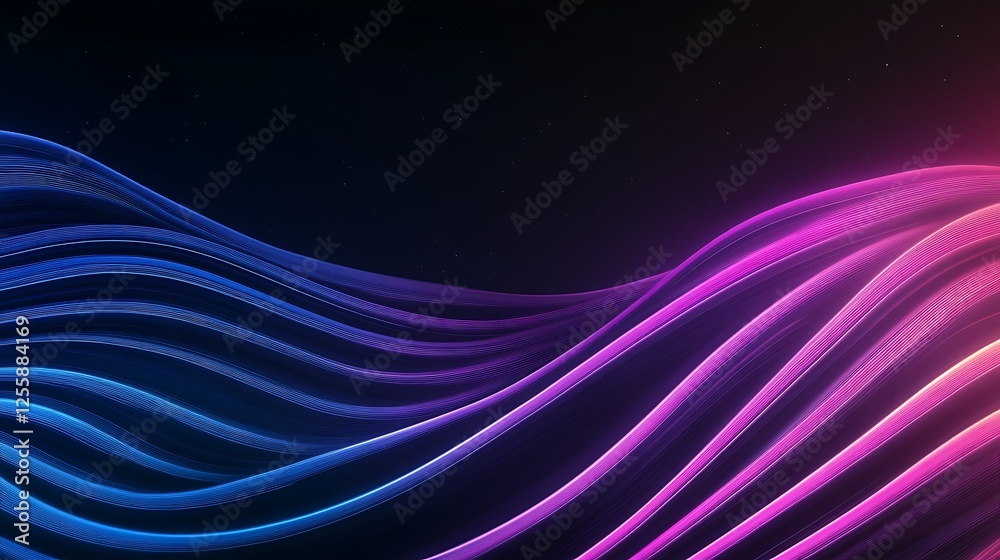 Poster A vibrant abstract design with flowing waves in blue and pink, set against a dark background, creating a dynamic visual effect.
