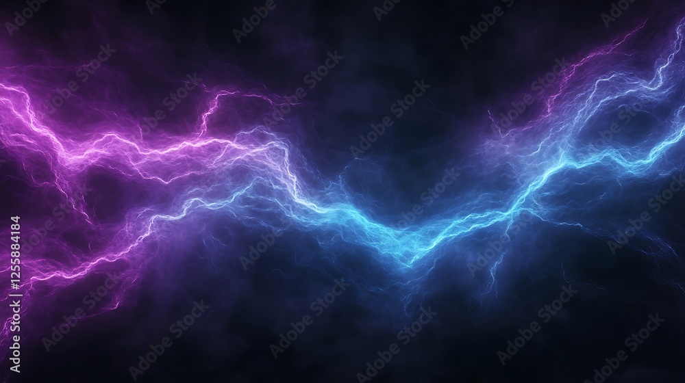 Poster a vibrant display of pink and blue lightning bolts against a dark background, creating an electrifyi