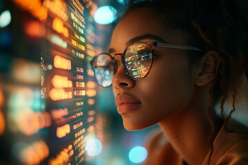 Focused young woman analyzing digital data with futuristic code reflections in glasses in a cyber technology environment