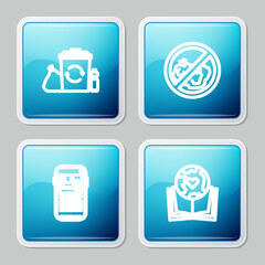 Set line Recycle bin with recycle, No trash, Stop plastic pollution and Earth globe and book icon. Vector