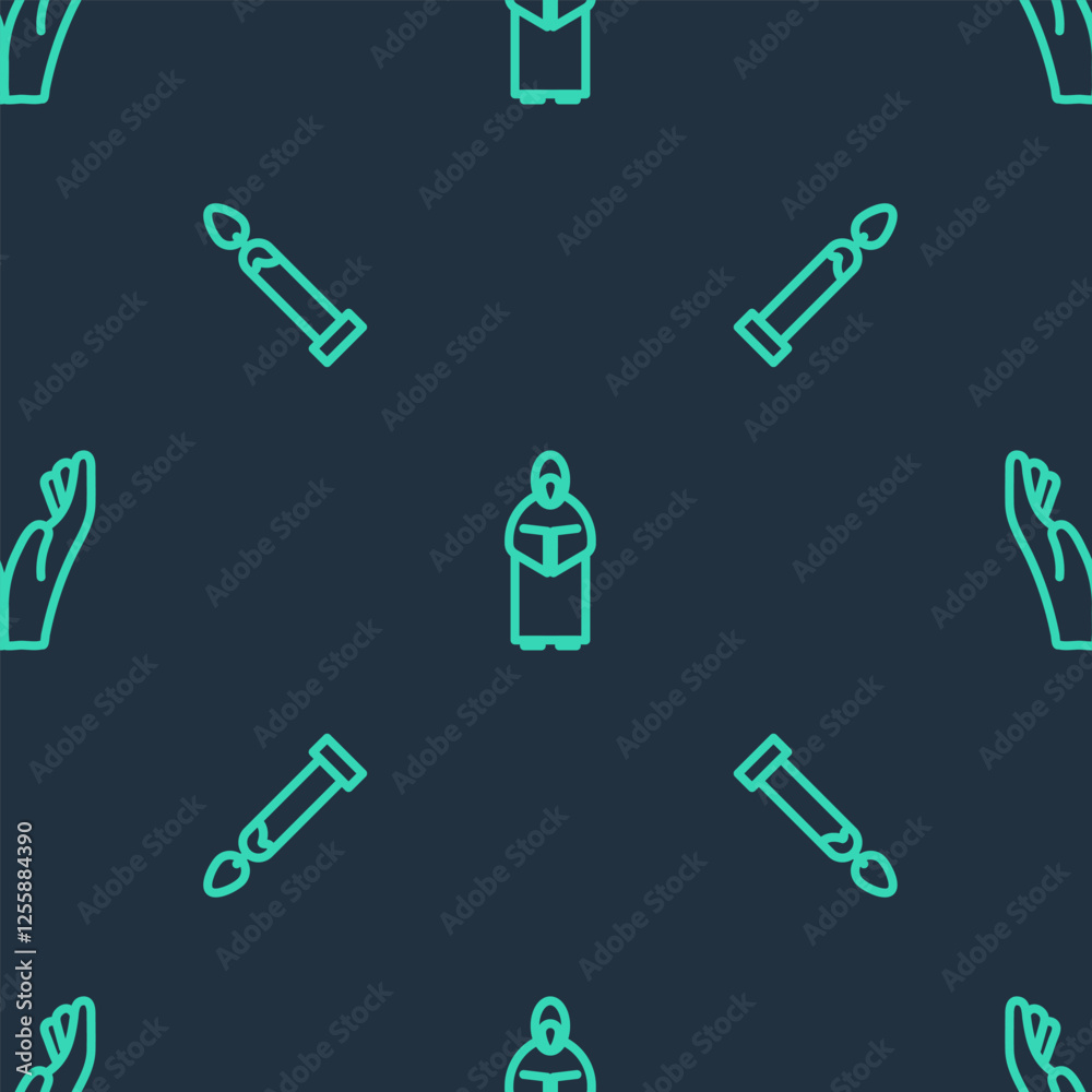 Canvas Prints Set line Monk, Burning candle and Hands praying position on seamless pattern. Vector