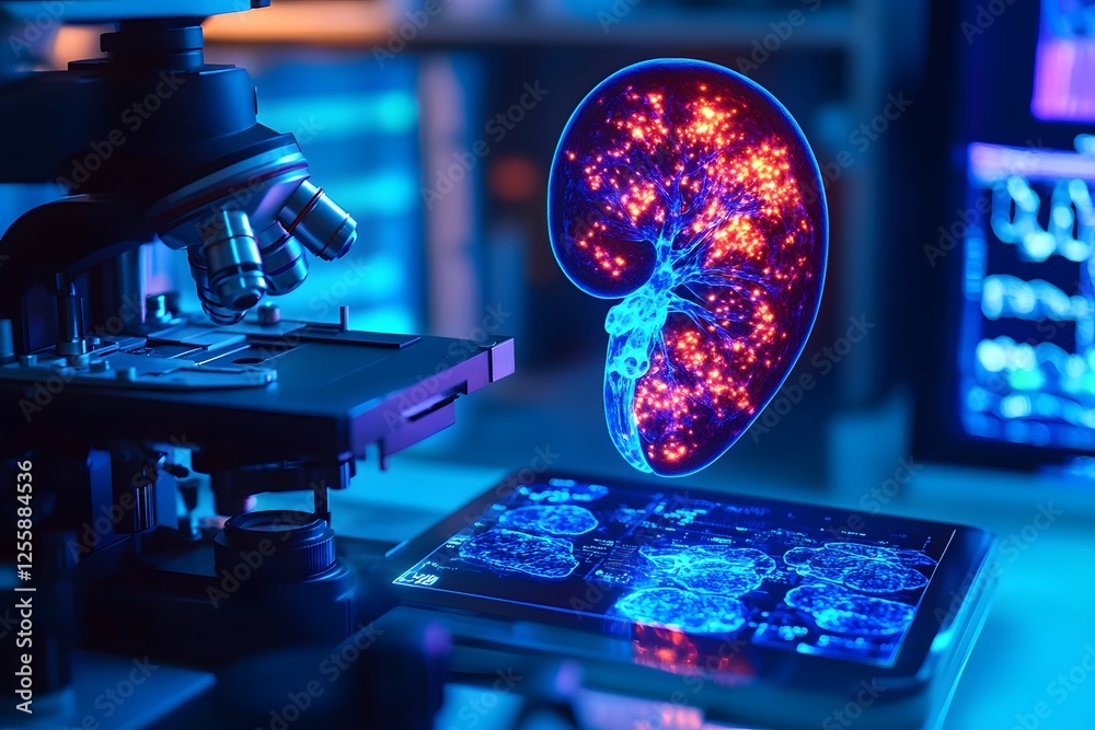 Poster digital kidney anatomy visualization with microscope and tablet