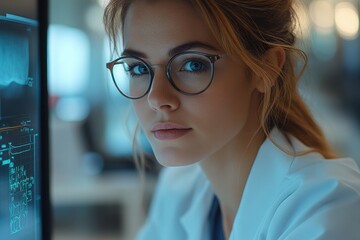 Female medical professional working in a modern laboratory while analyzing data on a computer screen in the afternoon light