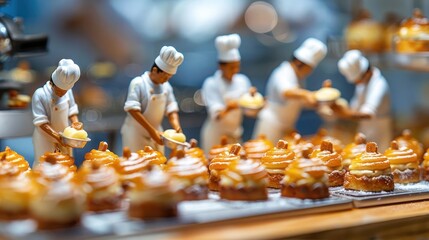 A display of miniature pastry chefs decorating cakes in a vibrant bakery setting.