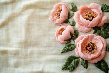 Delicate pink peony flowers embroidered on a soft fabric background showcasing intricate needlework and craftsmanship