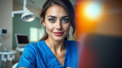 Fototapeta premium Close-up portrait of a confident female dentist with expressive eyes and fair skin, wearing blue scrubs, working on a laptop.
