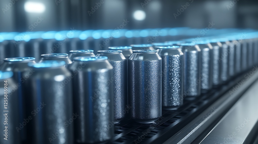 Poster a close-up view of metallic beverage cans lined up on a conveyor belt in a modern, industrial settin
