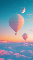 Fototapeta premium Colorful hot air balloons flying over the clouds at sunset. 3D Rendering