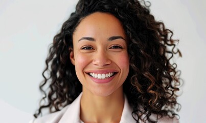Smiling woman with curly hair in a bright indoor setting during daylight hours, exuding joy and positivity with a warm expression