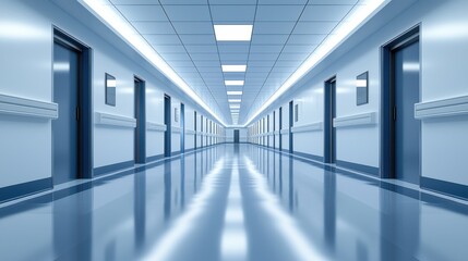 Fototapeta premium Long, empty corridor with blue walls and floors during daylight in modern building