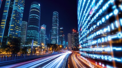 Obraz premium Futuristic urban cityscape with lights and high-rise buildings at night