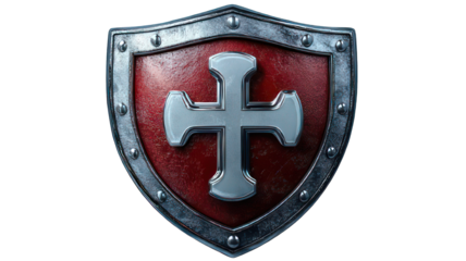 Detailed close-up of a medieval shield featuring a silver cross on a red background, ideal for historical themes