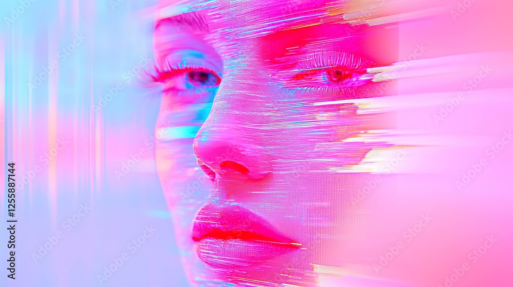 Poster neon pulsating waves, vibrant grid patterns undulate in a kaleidoscope of ai-driven distortions, fea