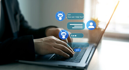 Businessman talking to a robot assistant.Contact us for online support. Customer service, helpdesk advice online chat support.