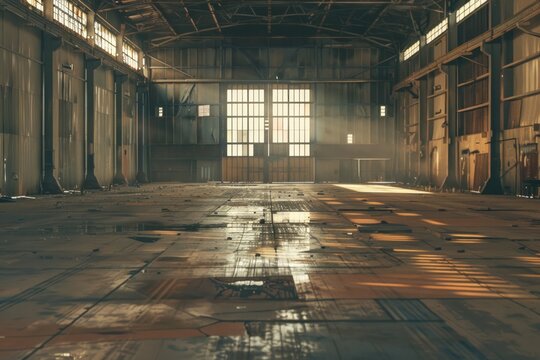 Dark rusted industrial interior of an old hangar building. Professional photo