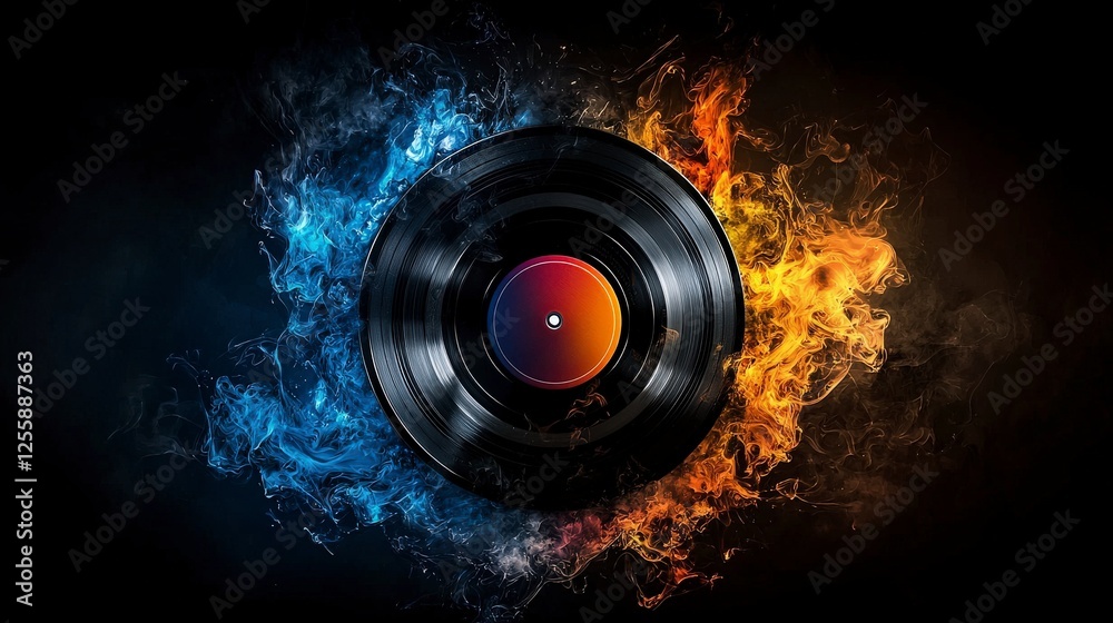 Poster rotating vinyl record circle with colorful smoke effects abstract art digital design creative space 