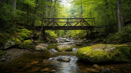 Serene nature scene featuring rustic wooden bridge over forest stream tranquil landscape peaceful environment
