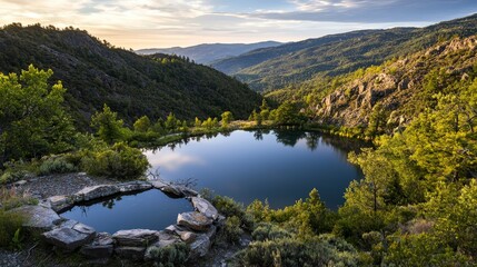 Naklejka premium Tranquil lake surrounded by evergreen trees scenic nature landscape mountainous environment serene viewpoint
