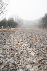 mysterious atmosphere in image from the ground of rural road with rough stone and at the end trees with fog.