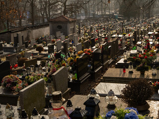 Obraz premium Cemetery with rows of decorated graves, candles and flowers. A solemn place of remembrance and reflection in warm afternoon light