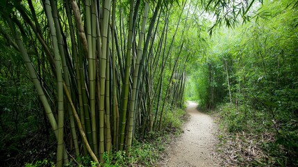Obraz premium Tranquil bamboo forest pathway serene nature scene with towering stalks in a lush environment