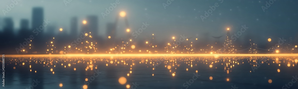 Poster a serene cityscape at dusk with shimmering reflections and glowing lights along a calm water surface