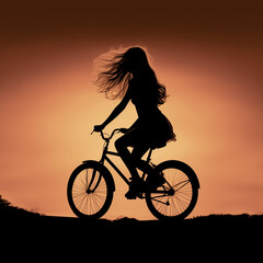 Obraz premium Silhouette of woman riding a bicycle at sunset