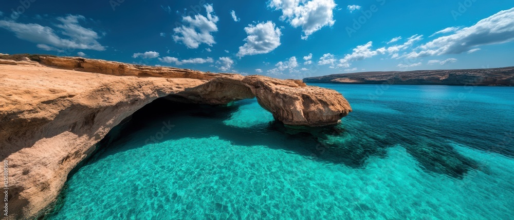 Poster Rocky coastline with clear ocean waters and sea caves