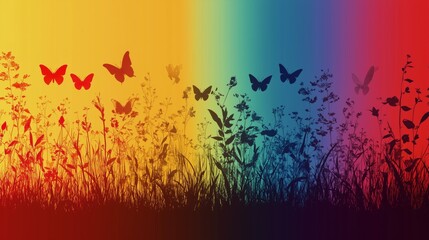 Colorful butterflies filling a vibrant landscape during sunset in a garden