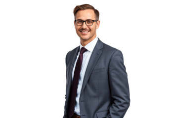 Portrait of a handsome young businessman in suit, smiling on face with glasses, isolated on transparent background