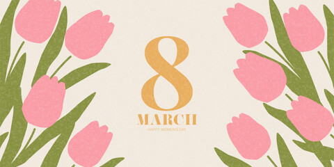 Happy Women's Day greeting banner. International Women's Day horizontal card with pink tulips. Holiday background for design of party, celebration, ads, branding, cover, cards, sale, poster. © Yaran