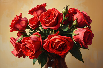 Red Roses in Vase Digital Art Painting Warm Light Elegant Floral Bouquet Romantic Gift Valentine Birthday Wedding Anniversary Celebration Home Decor Still Life