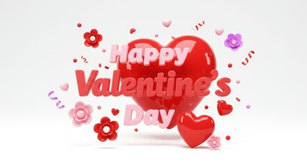 Happy Valentines Day 3D Red Heart Festive Image - Celebrate love with this cheerful 3D .  A big red heart, "Happy Valentine's Day" text, pink flowers and confetti create a festive