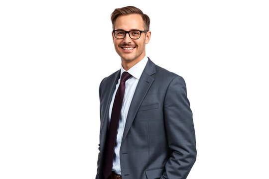 Portrait of a handsome young businessman in suit, smiling on face with glasses, isolated on transparent background
