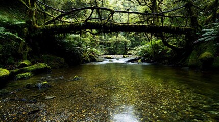 Obraz premium Exploring serenity hanging bridge in lush rainforest nature landscape photography tranquil river scene