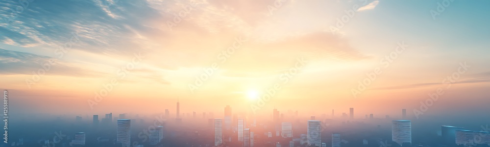 Poster a breathtaking sunrise over a skyline, with soft colors blending into a clear sky, creating a serene