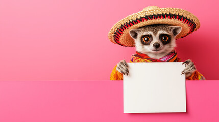 Adorable raccoon wearing a Mexican sombrero and colorful poncho holding a blank sign perfect for festive marketing, Cinco de Mayo promotions, and creative advertisements