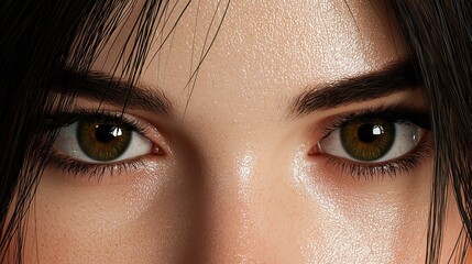 Fototapeta premium Close-up of a person's eyes with a glossy finish and dark hair framing the face.