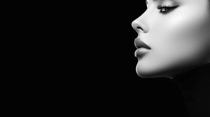 Elegant profile of a woman in black and white against a dark background.