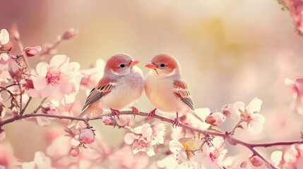 Fototapeta premium Sweet Pair of Birds Sitting Together on a Blossom Tree Branch