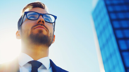 Fototapeta premium Confident young businessman looking ahead to the future: perfect stock image for corporate branding, leadership articles, and career success themes