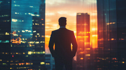 Visionary businessman overlooking city skyline at sunset: perfect stock image for leadership articles, corporate branding, and success-driven content