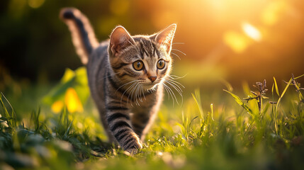 Curious tabby kitten exploring a sunlit meadow, perfect for pet-related articles, animal welfare campaigns, nature blogs, and advertisements for cat food or pet accessories